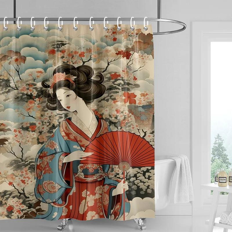 Japanese-style Gogi Retro Character Printed Shower Curtain Fading-resistant Bathroom Partition Curtain for Hotel Home Decoration