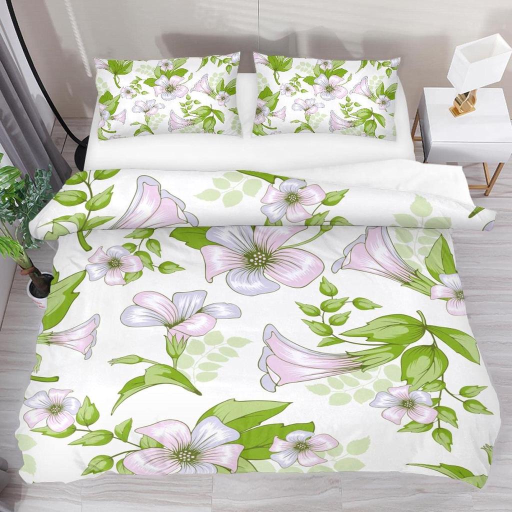 Morning Glory Duvet Cover for Girls Women,Purple Floral with Branch Quilt Cover Set King/Queen Size with Two Pillowcases,White