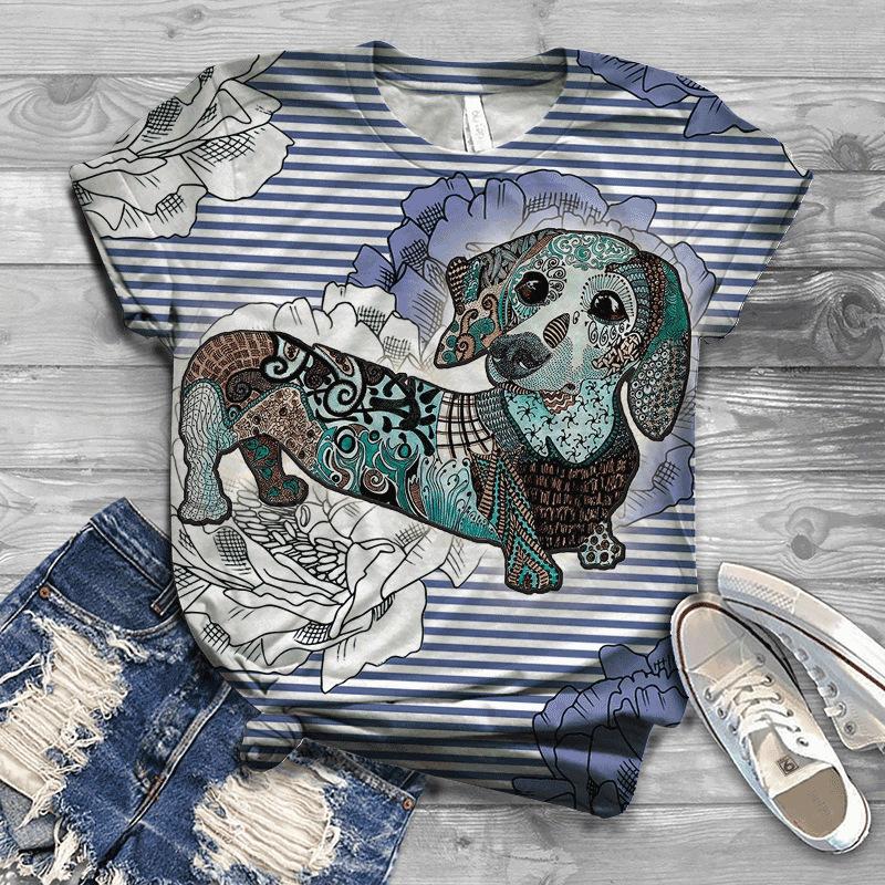 Summer New Animal Dog 3D Printed Loose White Top Women's T-shirt