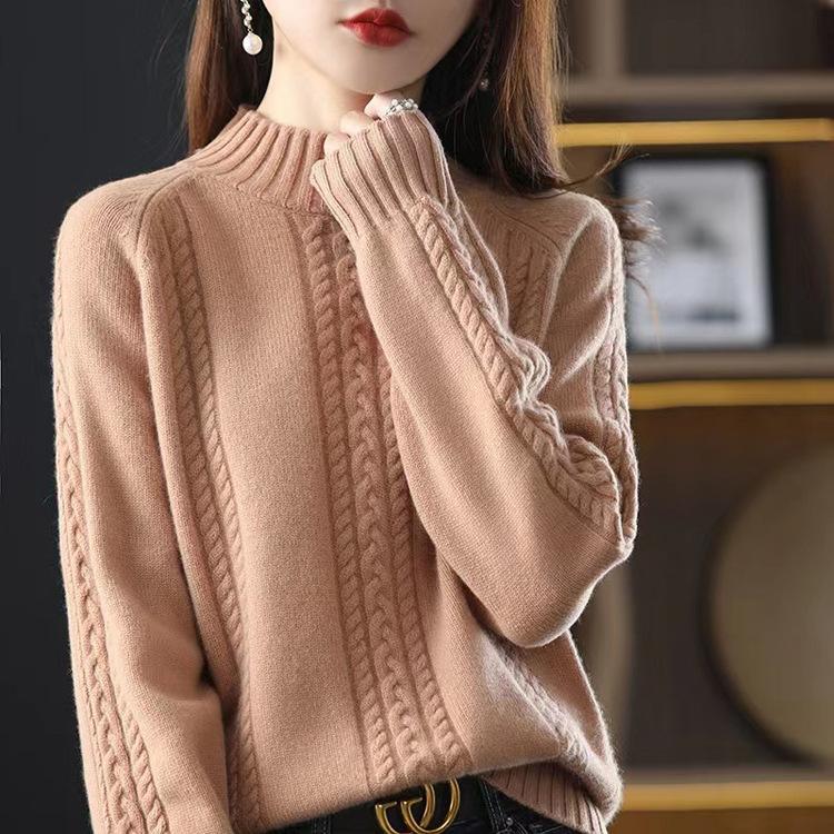 Autumn and Winter Women's Pullover Sweater Women's Inner Layer Bottom Shirt Semi High Neck Knitted Sweater