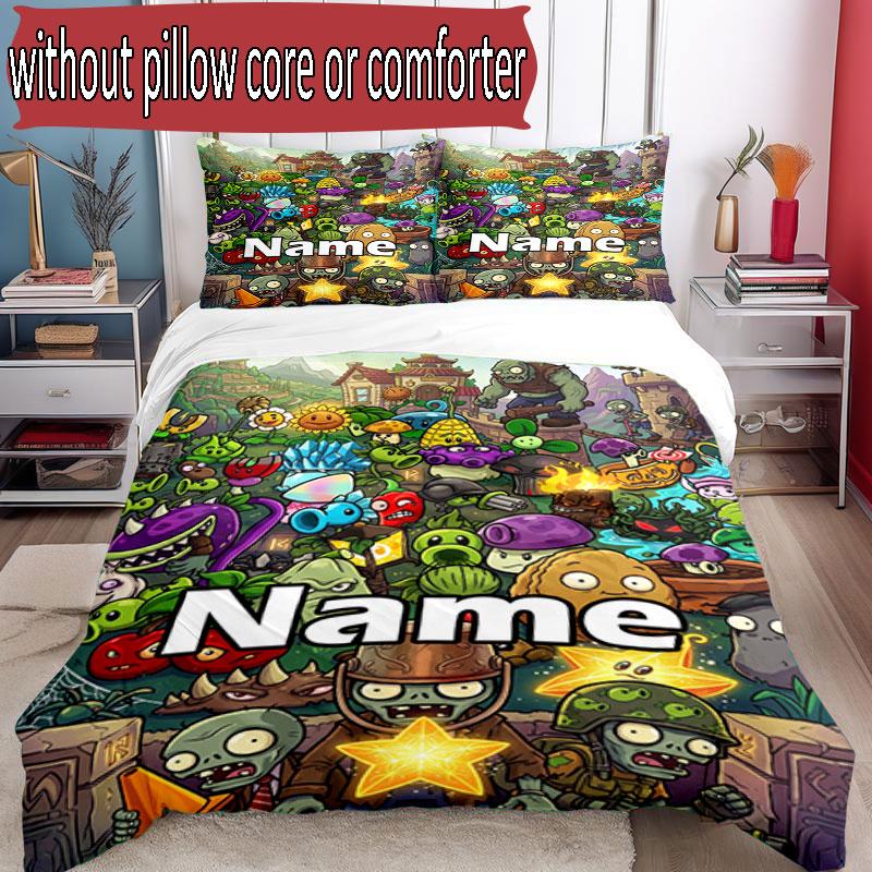 3pcs Duvet Cover Set (1*Duvet Cover + 2*Pillowcase, Without Core), Custom Name Plants VS Zombies Pattern Bedding Set, Home Bedroom Decor Gift