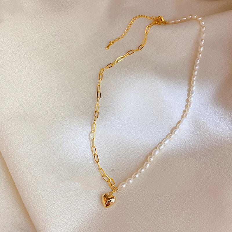 Niche Sense of Natural Freshwater Pearl Asymmetric Splicing Collarbone Chain Love Pendant Necklace for Women