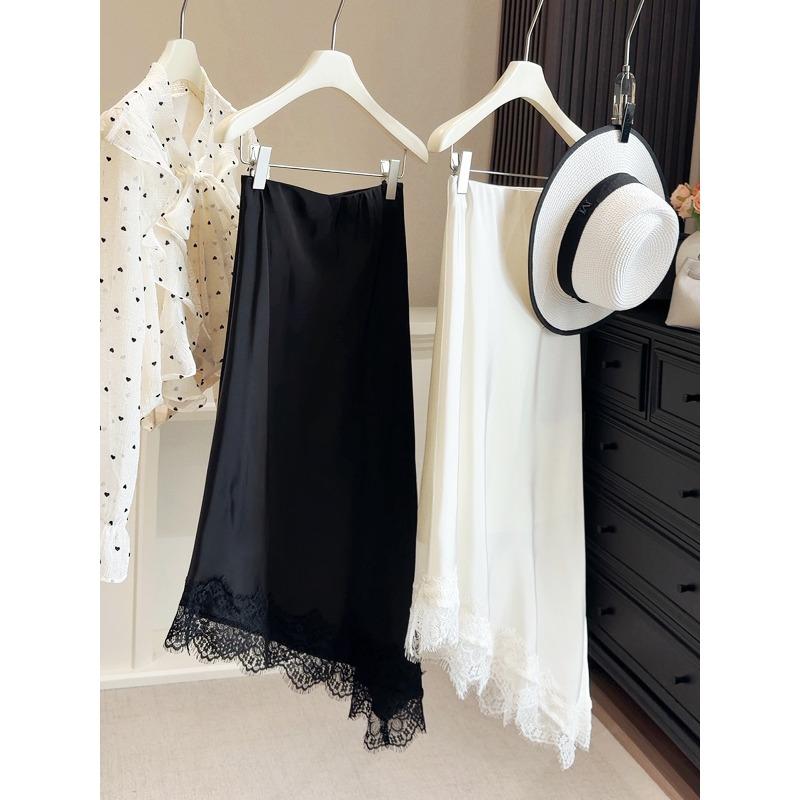 

Lace splicing irregular skirt women s spring and summer new silk acetate texture temperament thin hip skirt XL чорний