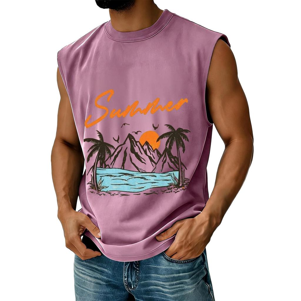 Men's Sleeveless Casual Athletic Vest Summer Graphic Print Muscle Tank Top Outdoor Gym Workout Shirt Beachwear