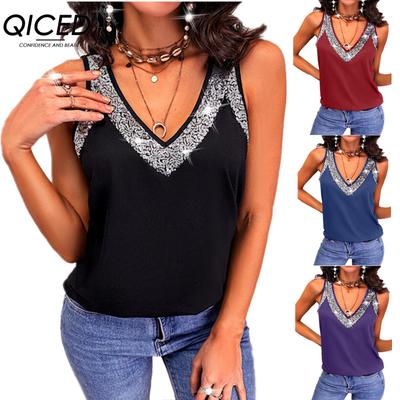 Summer Women's Solid Color Sequined Sleeveless Vest T-shirt Top