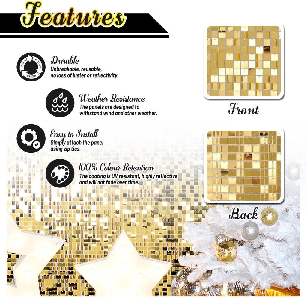 Gouden Shimmer Wandachtergrond, 24 Stuks Vierkante Sequin Glitter Achtergrondpaneel Voor Verjaardagen, Bruiloft, Halloween Kerst