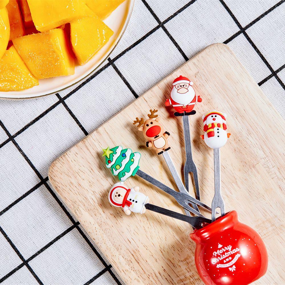 5pcs/Set Dessert Fruit Forks Christmas Stainless Steel Mini Salad Food Dinnerware Cutlery Set
