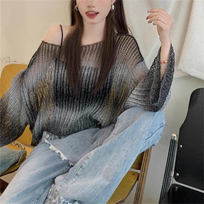 Sommer-Strickhemd mit Farbverlauf, langärmelig, hohl, Sonnenschutz, lockere Fledermausärmel, dünne Optik, Schlankheitsoberteil