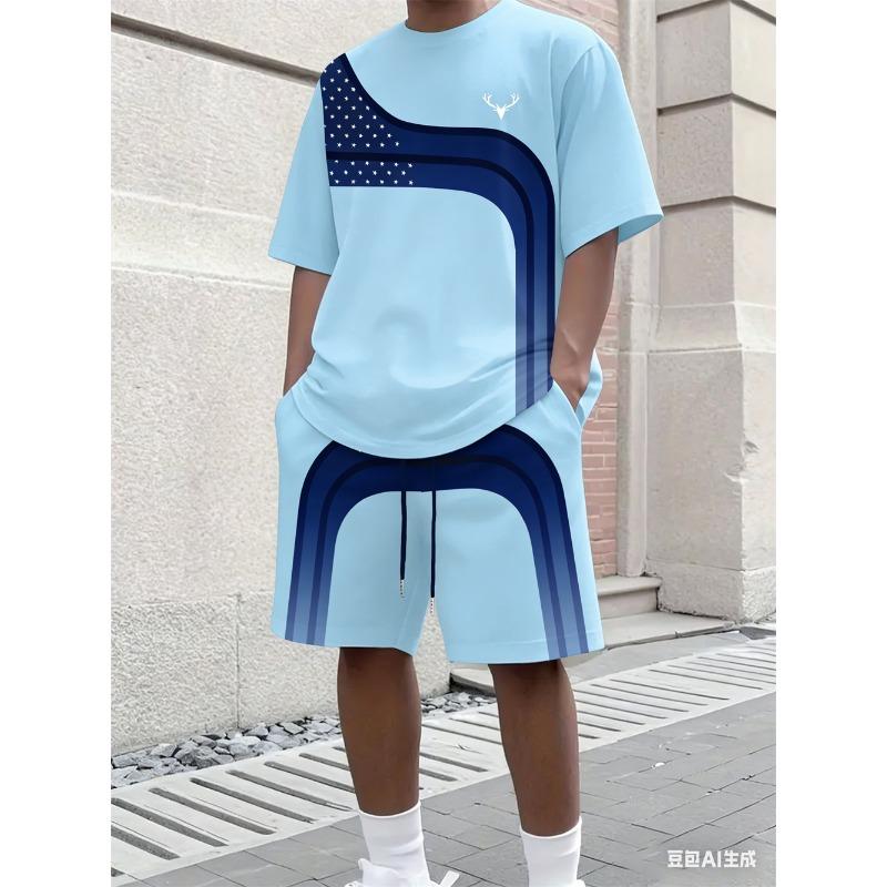 

Fashion Summer Men s Stripe Print Comfortable Breathable Round Neck T-shirt Shorts Set Outdoor High Street Clothing T-shirt Sets S