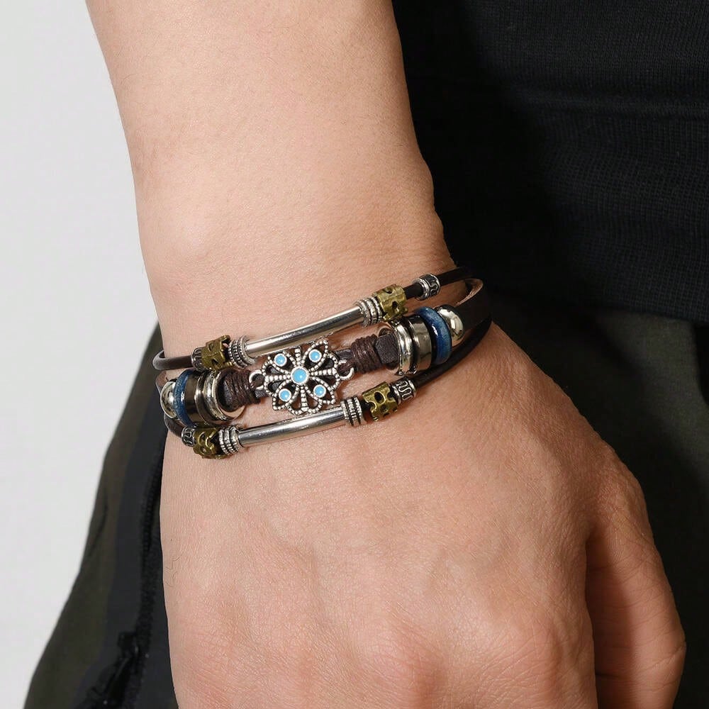 Turquoise Lace Multi-Layer Leather Stainless Steel Bracelet Men And Women Couple Bracelet