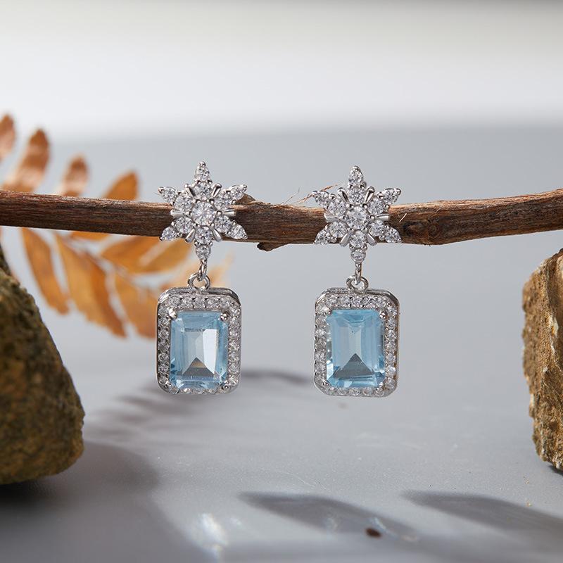 Niche High-End Sense S925 Sterling Silver Natural Colored Treasure Sugar Snowflake Earrings Light Luxury Non-Fading Jewelry Elegant Design
