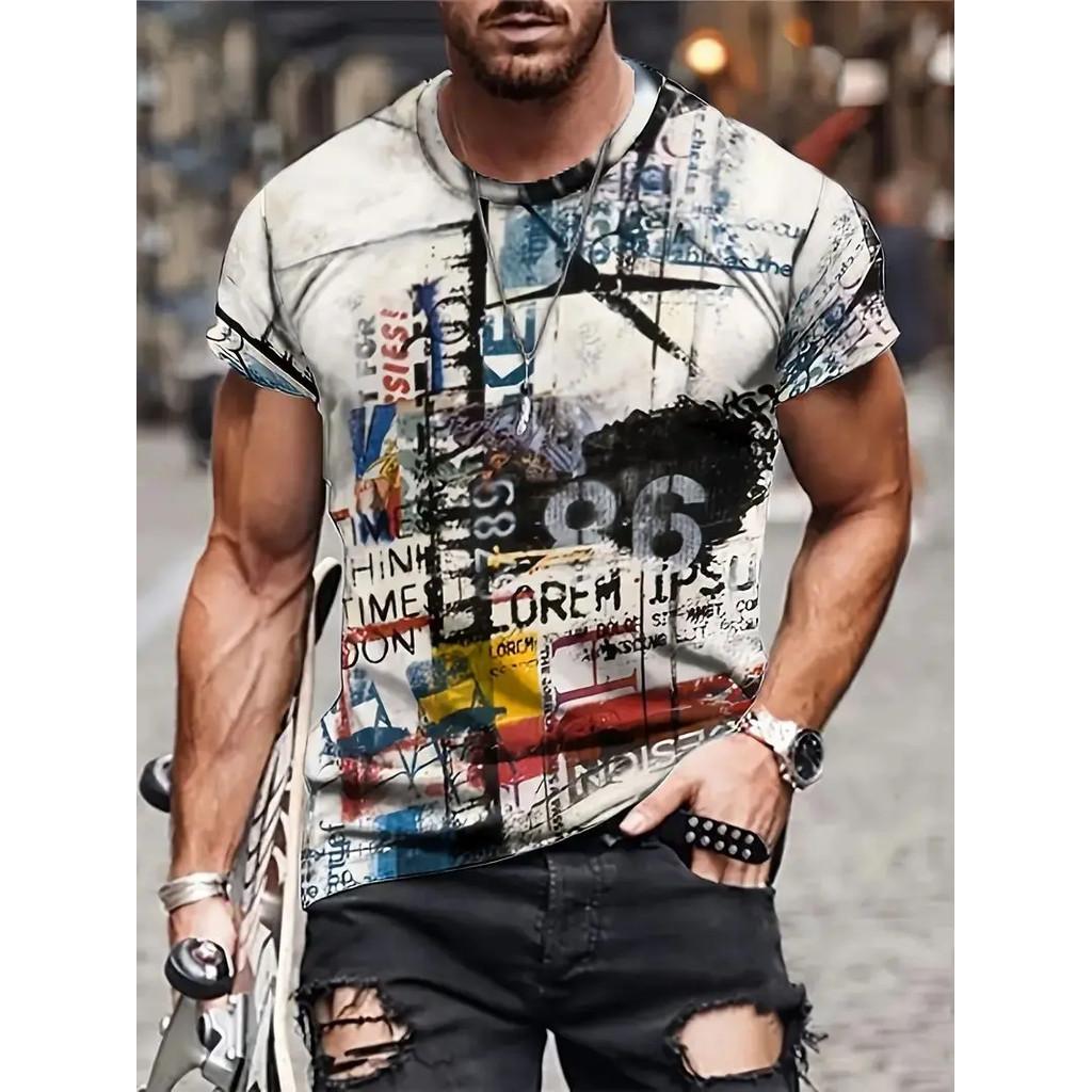 Men's Novel 3D Art Graffiti Printed T-shirt Casual Fashion T-shirt Street Style Short Sleeved Round Neck Shirt Men's Oversized Clothing