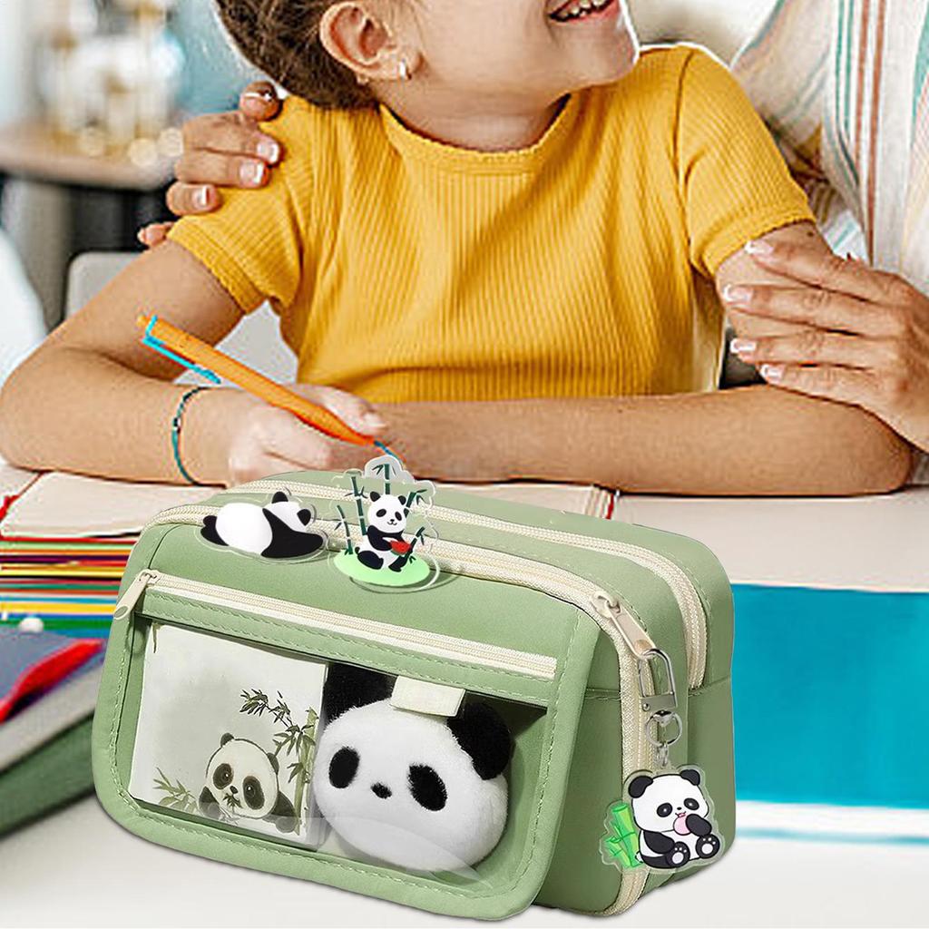 Cute Pencil Case Large Capacity Pencil Bag Panda  Cartoon Stationery Holder Bag With Brooches Stickers Clips Keychains  Pen Case