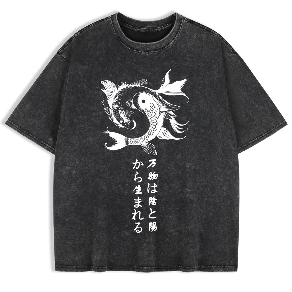 Japanese Koi Harajuku Printed Washed T-Shirts Mens Cotton Short Sleeve Tops Summer O-Neck Oversize T Shirt Clothes