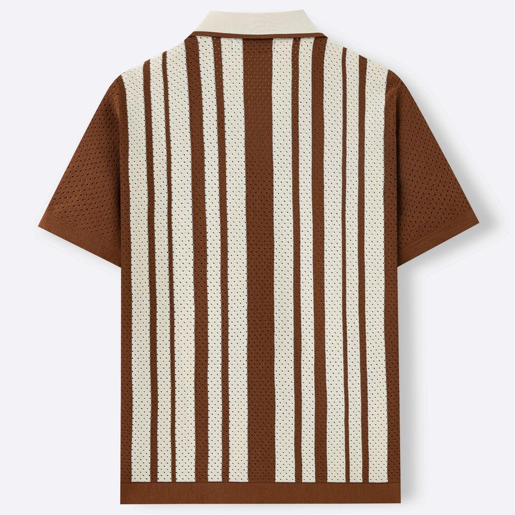 Herren Gestrickte Kurzarmhemden Lässig Atmungsaktiv Knopfleiste Kragen Gestreifte Hemd Tops Sommerurlaub Vintage Strick Golf Strandhemden Oberteil für Herren