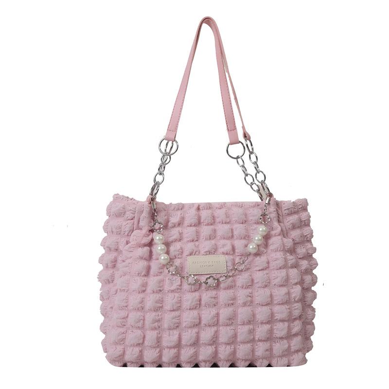 Damentasche mit großem Fassungsvermögen und Bubble-Knitter-Design, doppelten Schultergurten für den täglichen Weg zur Arbeit 1pcs rosa
