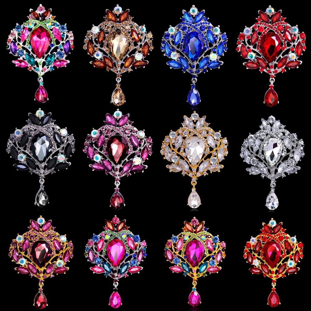 Shiny Crystal Teardrop Brooch Crown Romantic Wedding Party Pin Jewelry Gift
