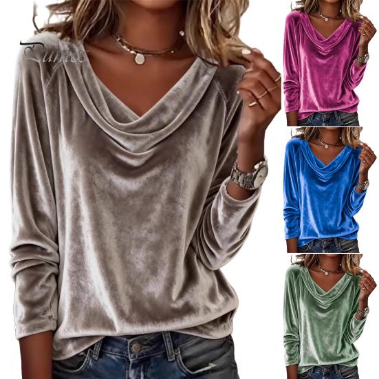 Classy Commuting Top Women Tops Loose Fit Large Neckline Long Sleeve Velvet Relaxed Shirt Texture Pullover Solid Color Spring Autumn Blouse