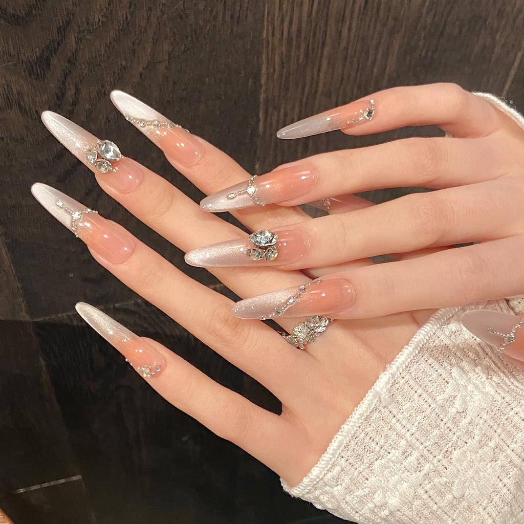 10Pcs Fake Nails Pointed Stiletto Cat Eye Gel Nail Tips for Women, Handmade False Nails with Gradient Pink Peach Design