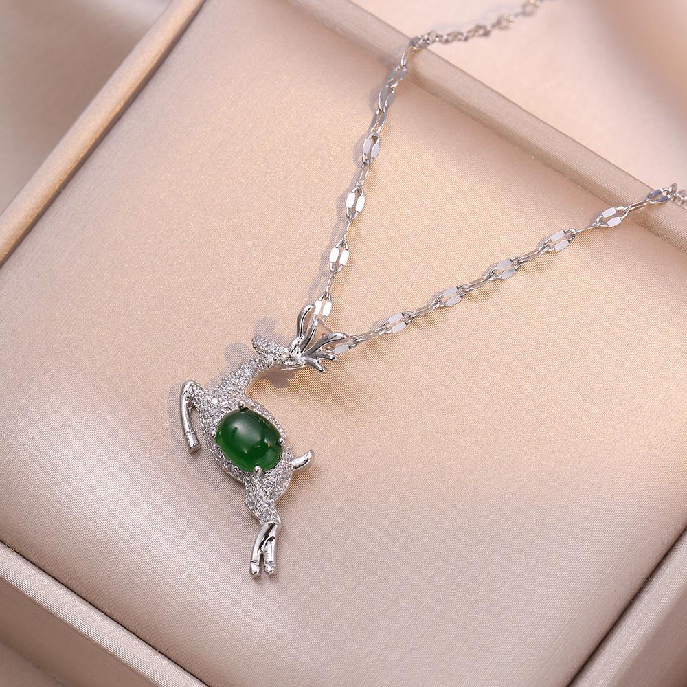 Emerald Little Deer Necklace - Cute Christmas Pendant Clavicle Chain for Women, Inspired by Douyin's Fashion Internet Celebrity Style.