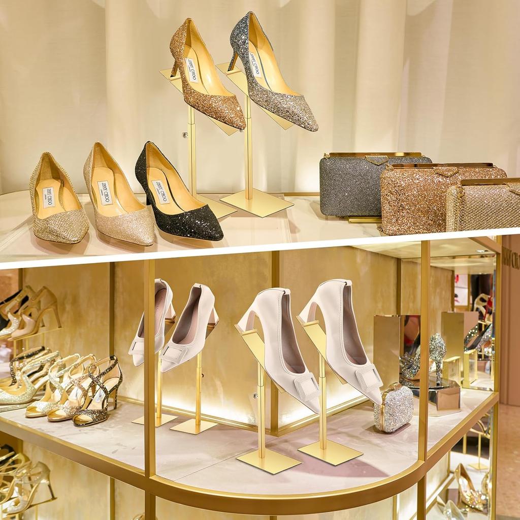 Therwen 4 Pcs Shoe Display Stand Gold Rack Stainless Steel Shoe Stand Golden Metal Riser High Heel Display Rack Holder for Home Shopping Malls(Square