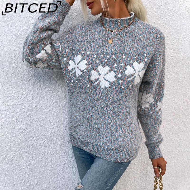 BITCED Fall/Winter Christmas Sweater Casual Women's Half-High Neck Snowflake Knit Top