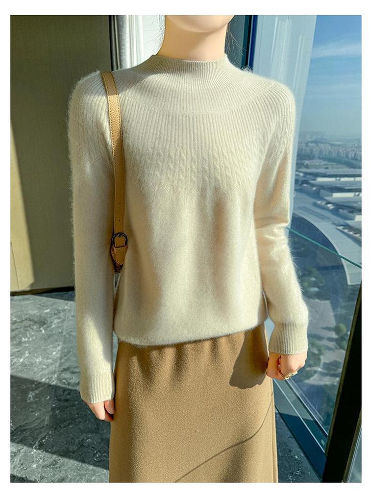 2024 Autumn/Winter Women's Thick Wool Knitwear: Solid Color Jacquard Half-Turtleneck Loose Base Layer Sweater