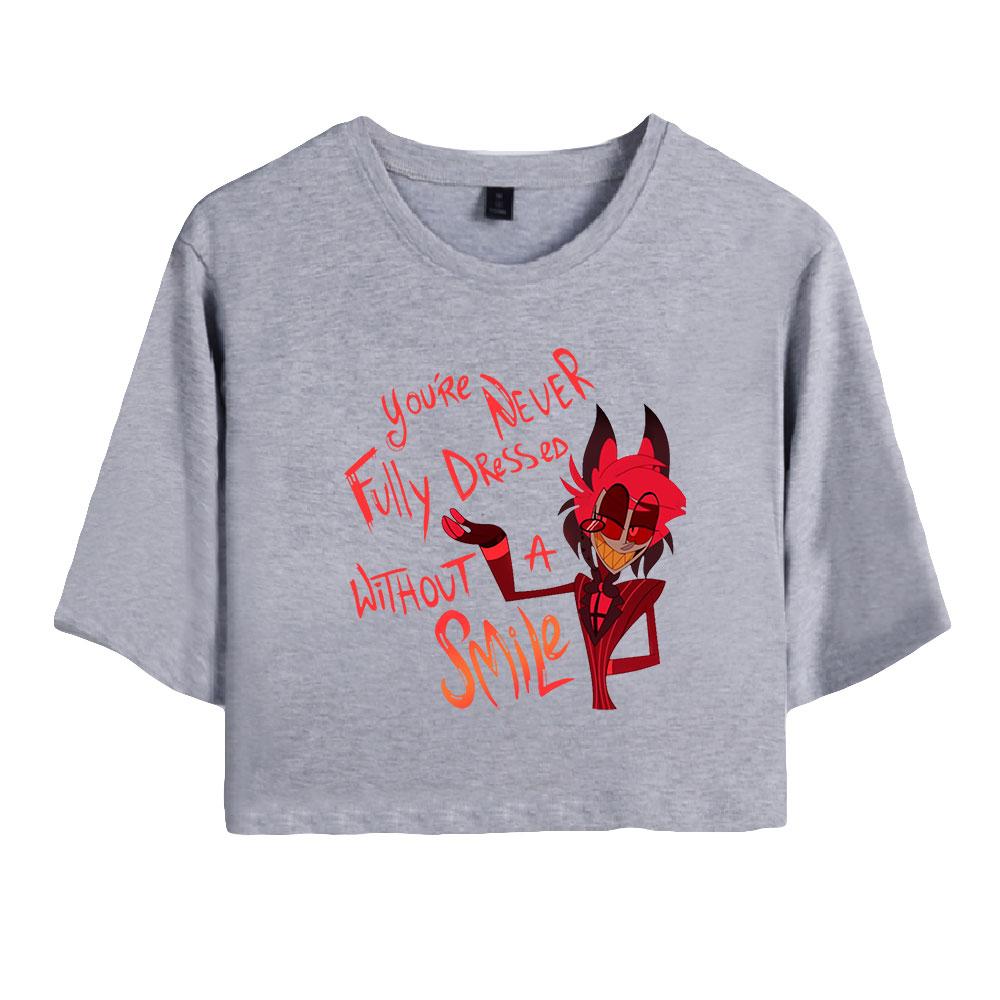 Sommermode Damen Sexy Hazbin Hotel Grafikdruck Kurzarm Crop Top Lustige T-Shirts Hipster Oansatz Coole Tops