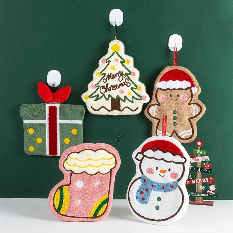 Christmas Hand Towel Cartoon Gingerbread Man Snowman Coral Fleece Towel Christmas Home Kitchen Bathroom Decoration Xmas Gifts