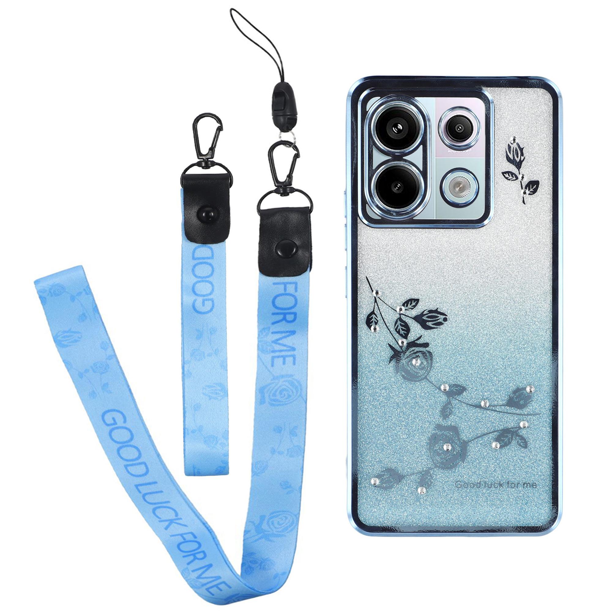 

KADEM For Xiaomi Redmi Note 13 Pro 5G/Poco X6 5G Case Flower Pattern TPU Cover with Lanyard Blue