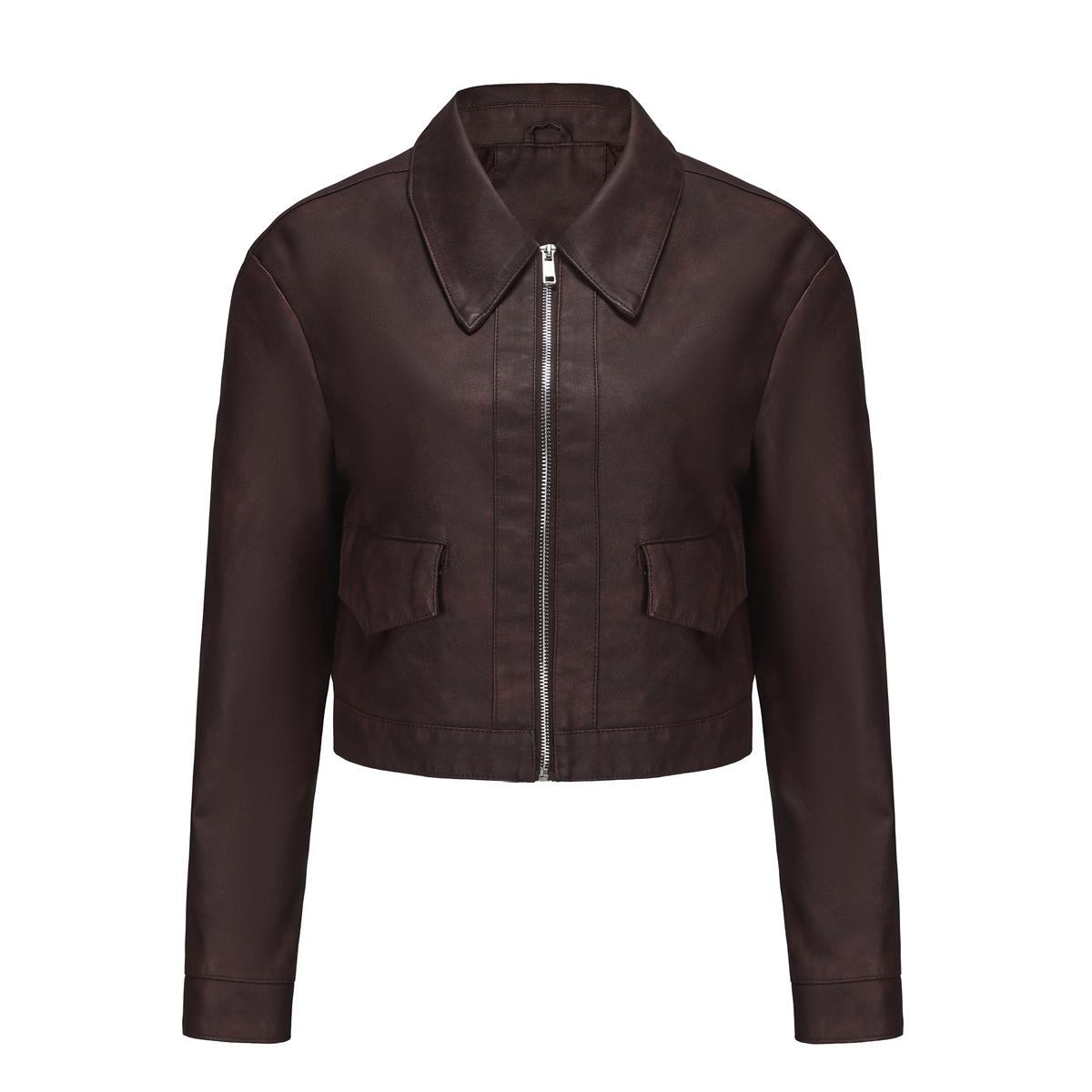 

Куртки из искусственной кожи для женщин, тонкий укороченный топ, короткая куртка, пальто на молнии с длинными рукавами и лацканами, повседневная стильная верхняя одежда S