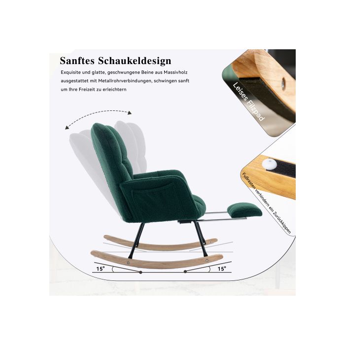 Nouveau fauteuil à bascule moderne avec rembourrage et tissu peluche, avec repose-pieds extensible, vert