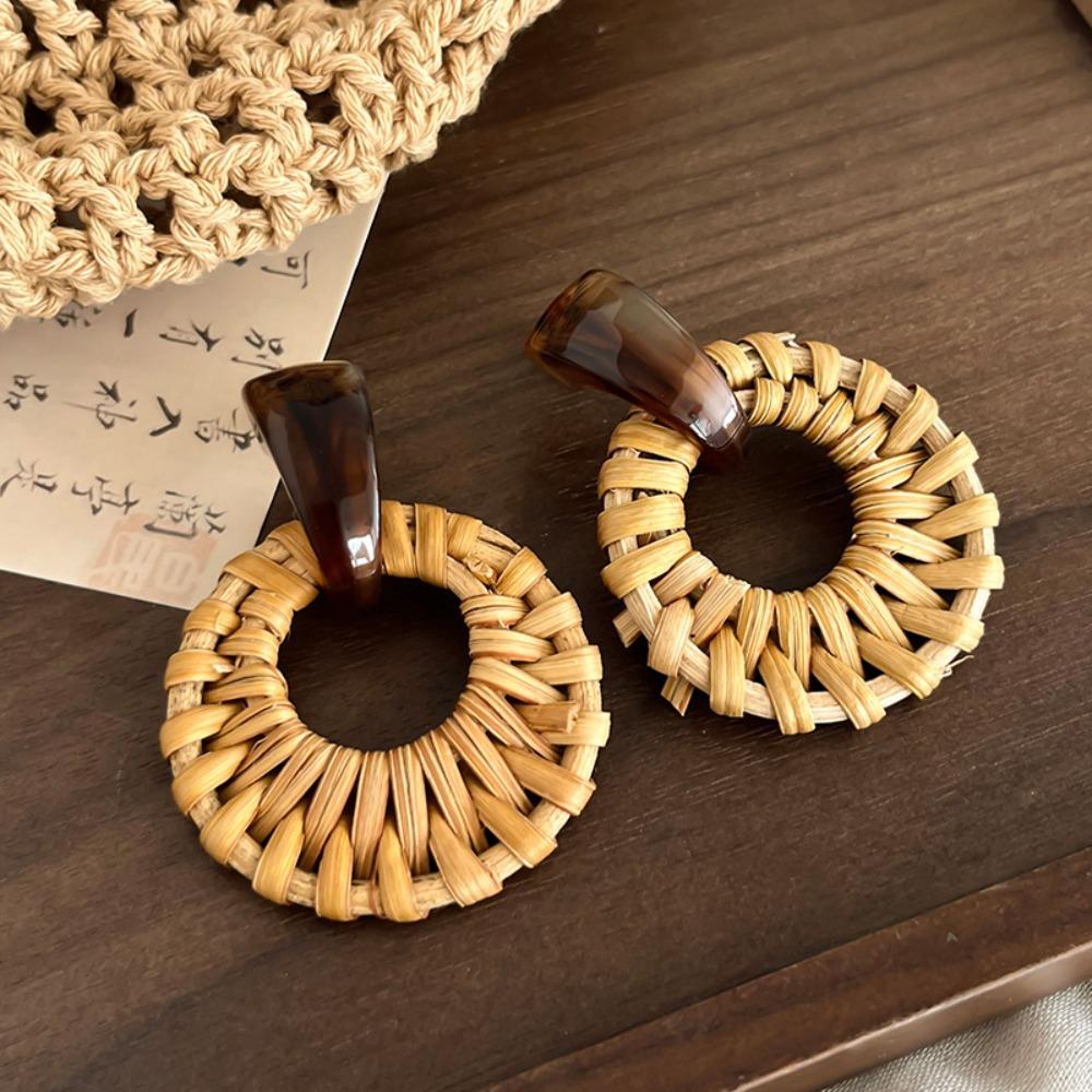 Round Rattan Weave Earrings Flower Beach Jewelry Cute Bohemian Drop Earrings  Wedding
