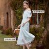 Fragrant Shadow Art Style Blue Embroidered Dress for Women, 2026 Summer New Style Bubble Sleeve Waist Skirt, Mid Length Fairy Women's Skirt