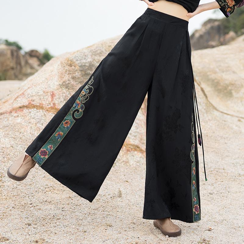 

Женские этнические вышитые атласные брюки с широкими штанинами – эластичная талия, повседневные драпированные брюки-юбка One Size чёрный