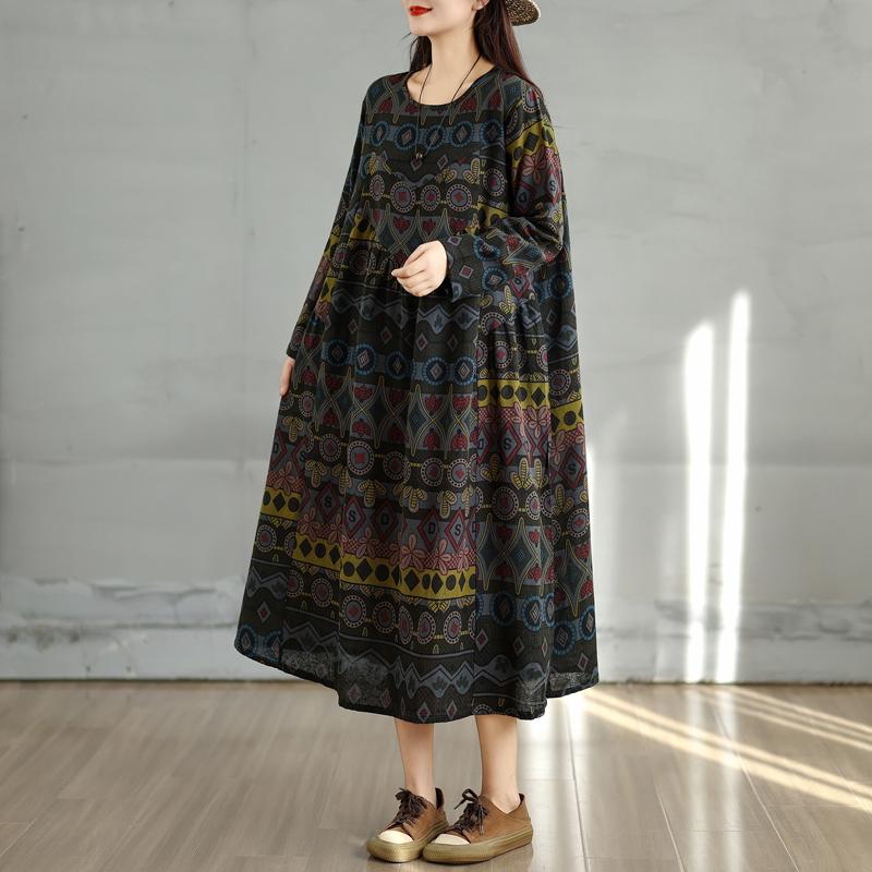 Dimanaf 2025 Women Plus Size Spring Long Dress Loose Basic Printing Vintage Casual Floral Oversize Long Sleeve Maxi