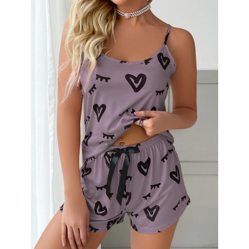 Women's Casual Heart Pattern Dark Pink Pajama Set