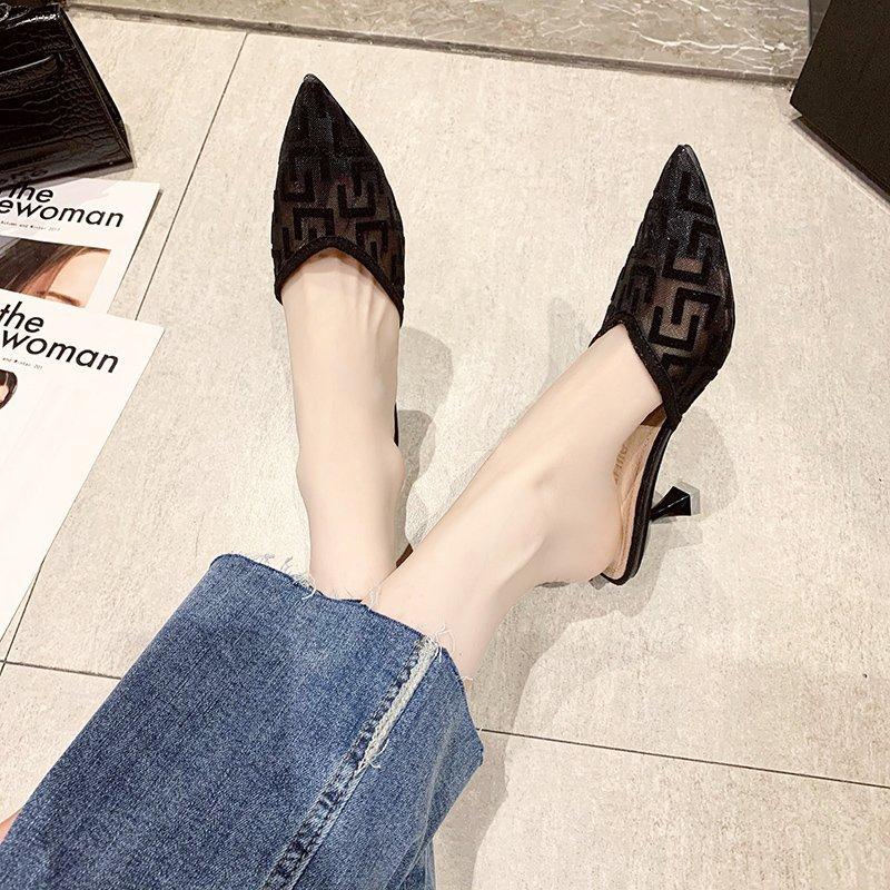 Fashion Women Mesh High Heels Temperament Sandals Female Summer Pointed Toe Party Thin Heeled Slippers Ladies Brand Design Slip on Shoes