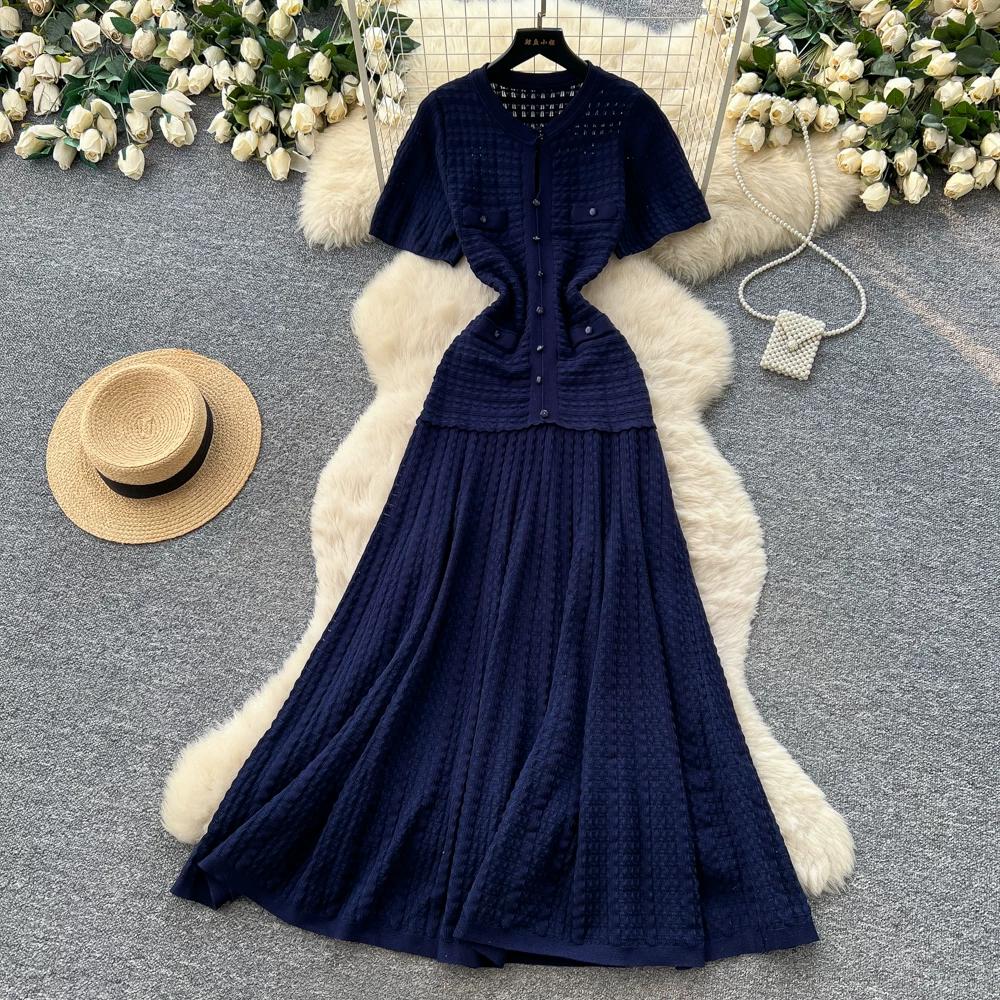 Summer Autumn Knitted Sweater Dress for Women Fashion Short Sleeve Single-breasted Hollow Out Elastic Simple Prom Dresses