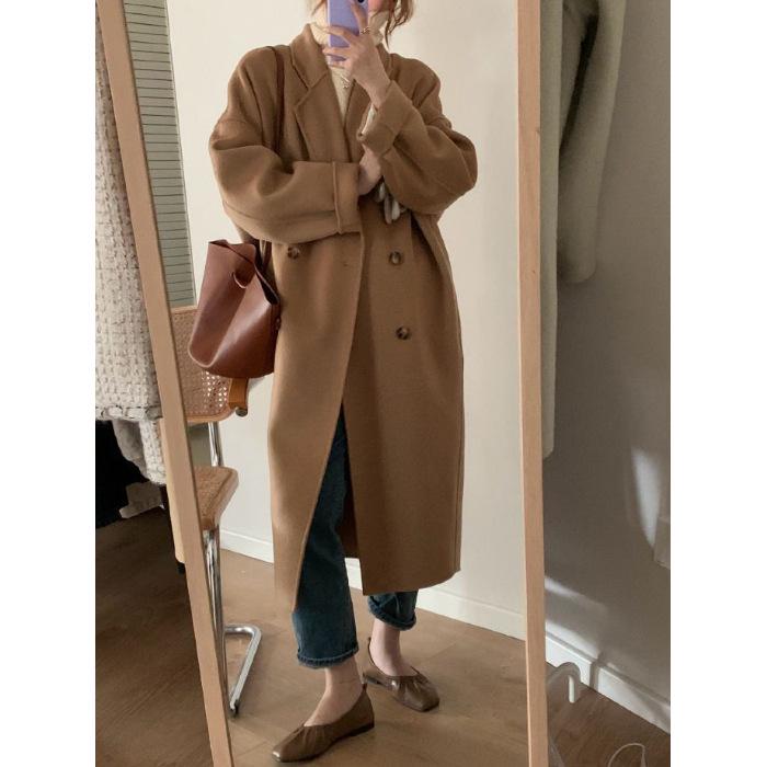 Women's Hepburn Style Korean Pink Wool Coat - Mid-Length, Autumn/Winter 2025 Collection, Petite Fit, High-End Feel
