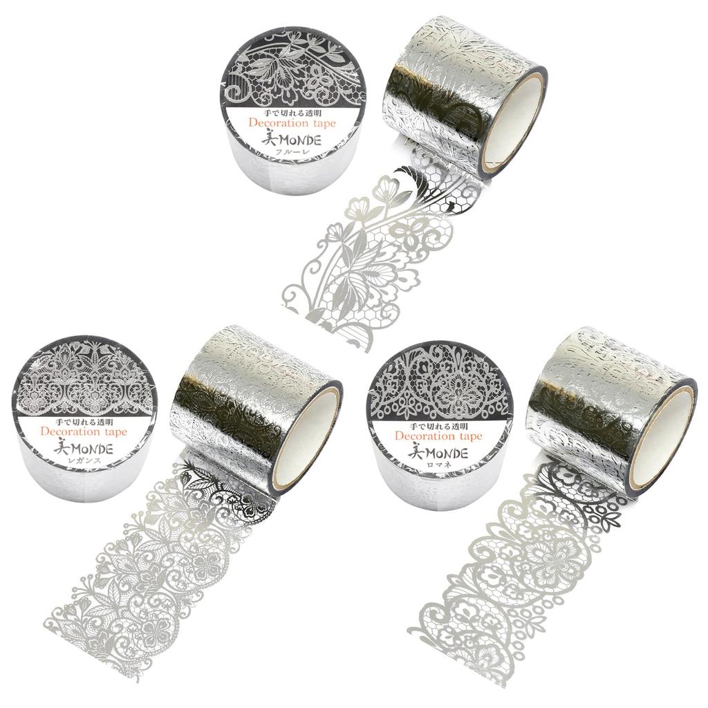 Kamiso Sansho Masking Tape Beautiful MONDE Decoration Tape 3 Patterns Romanee x 1 Silver 35mm Width x 3m 3 Volume Set (Fleure, Legance, each) GR-0533