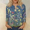 Women Vintage Floral Print Henley Button Neck Three Quarter Sleeve Linen Cotton Blouse Casual Loose Fit Shirt