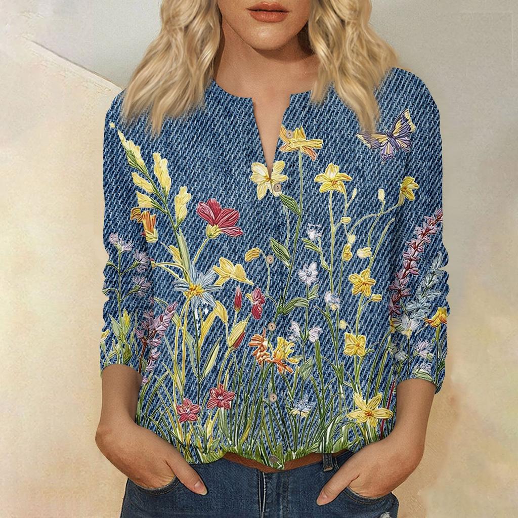 Women Vintage Floral Print Henley Button Neck Three Quarter Sleeve Linen Cotton Blouse Casual Loose Fit Shirt