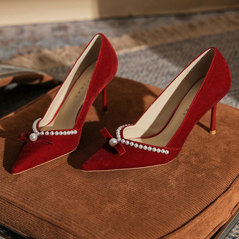 Fashion French High Heels Women With 2024 New Bride Shoes Flower Wedding Shoes Pointed Shallow Mouth Single Shoes