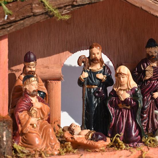 Christmas Nativity Figurine Set Jesus Manger Scene Holy Family Resin Statue Religious Christmas Stable Figures Set for Indoor Tabletop Decor
