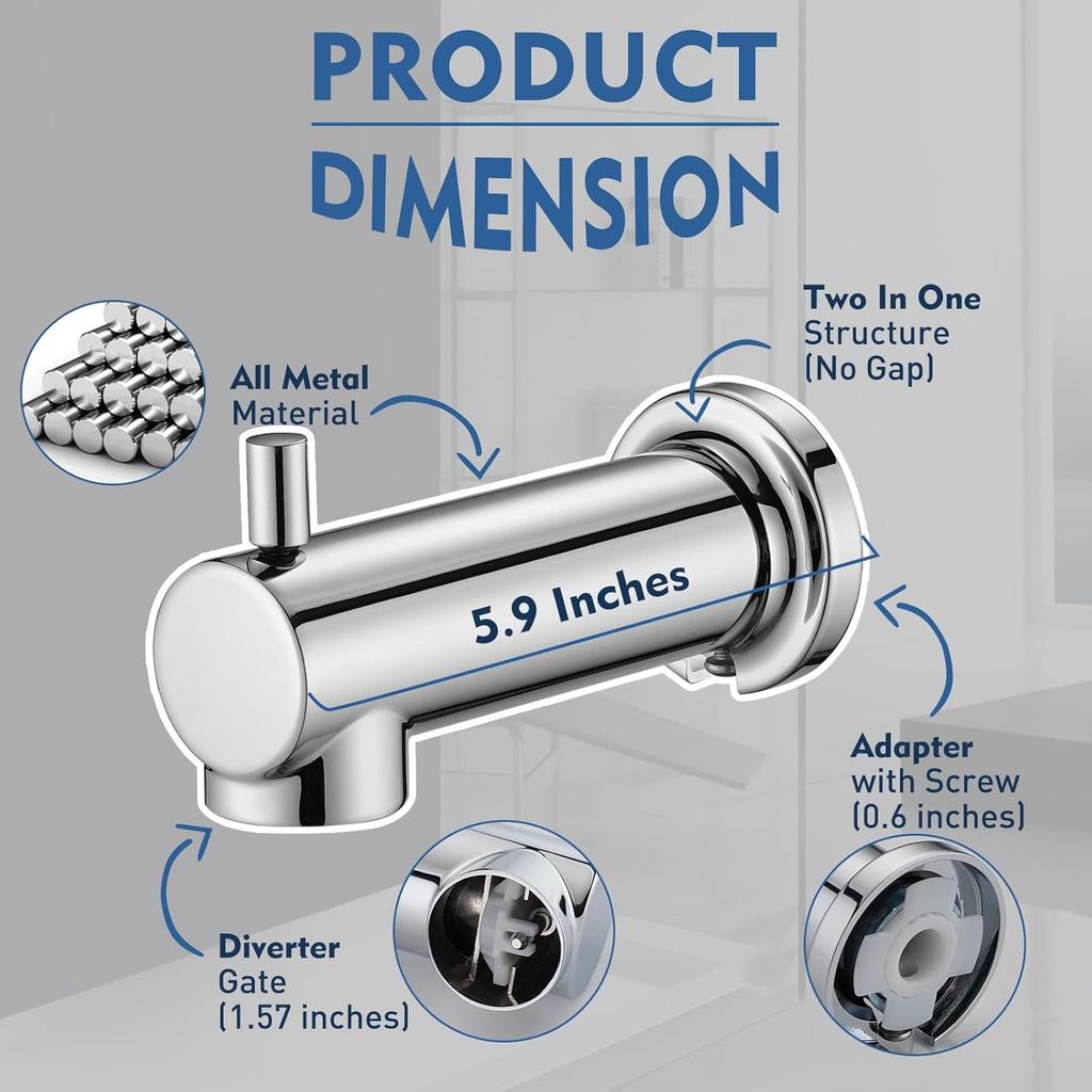 Slip On Tub Spout with Diverter Universal Tub Diverter Spout for 1/2" Copper Water Pipe, Chrome