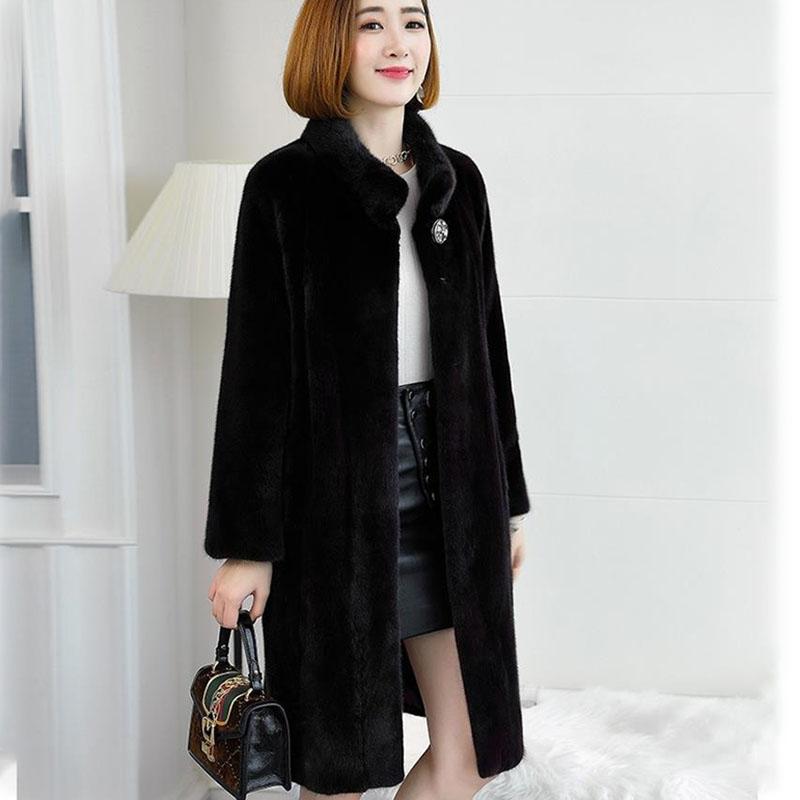 Autumn and Winter Women's Imitation Mink Fur Coat Mid-length Stand Collar Plus Cotton Thickened Loose and Thin Imitation Mink Fur Coat