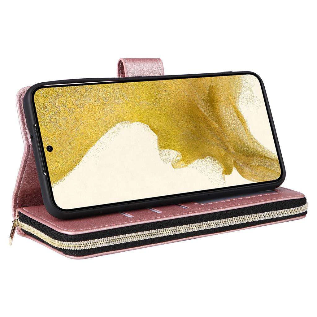For Samsung Galaxy S22+ 5G Case Rhombus Zipper Pocket Leather Phone Cover with Straps