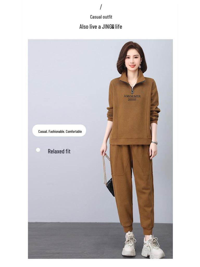 Set de hanorac pentru femei căptușit cu fleece: Modă Nouă Toamnă/Iarnă 2024, Croială Largă, Reducere Vârstă, Set Casual Sportiv din Două Piese pentru Mame de Vârstă Mijlocie