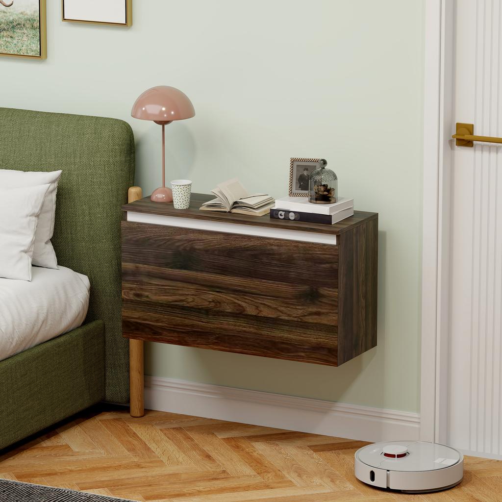 Wall-Mounted Bedside Table with Handleless Drawer and Wall Fixing, 80x30x45cm, Walnut